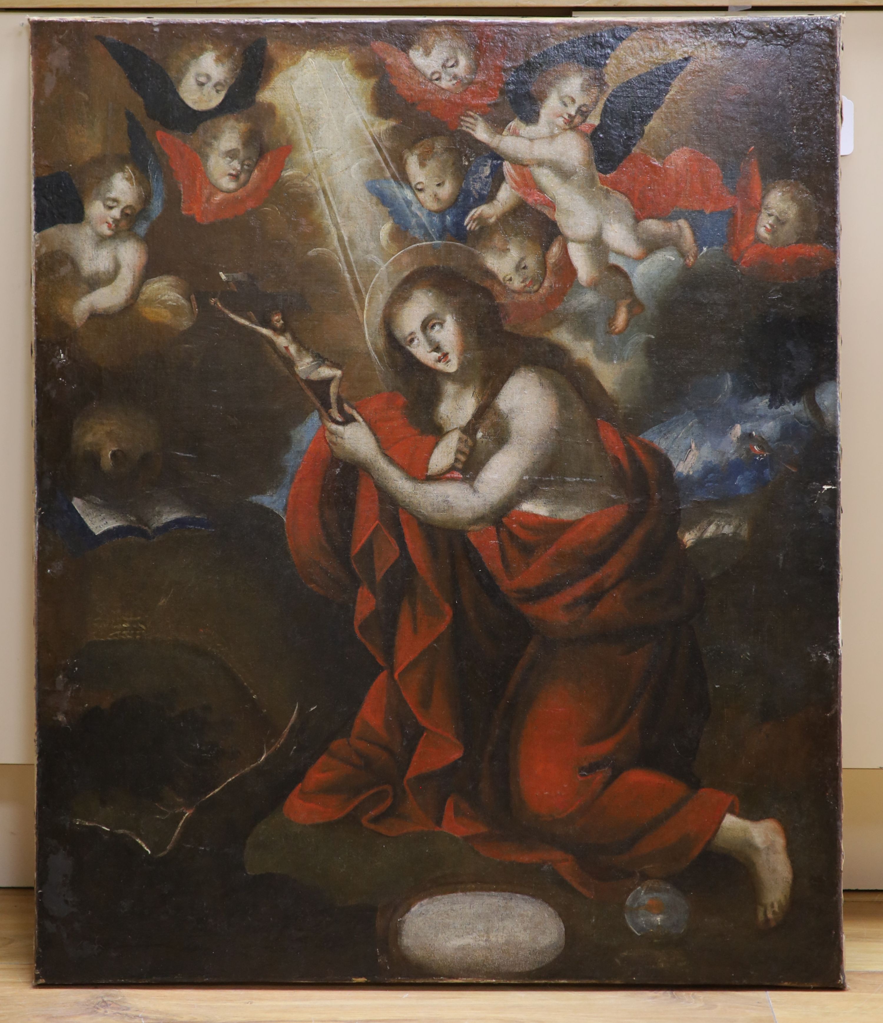 Italian, late 17th / early 18th century, biblical narrative, study of a female saint, kneeling with a crucifix below angels in flight descending from the heavens, 80 x 68 cm, unframed.